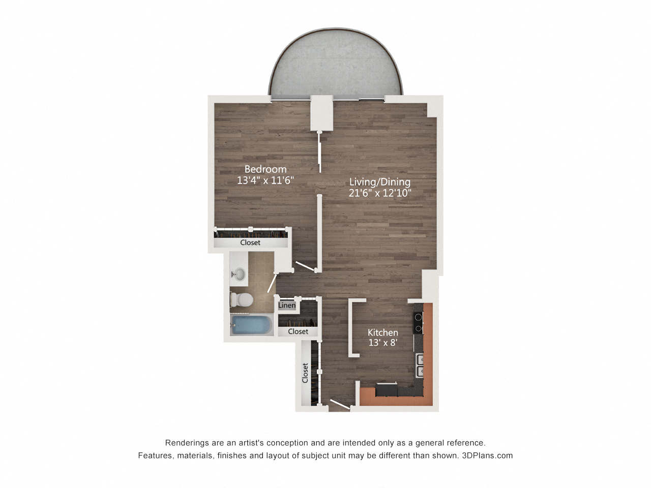 Floor plan for 1 bed, 1 bath, 710 sqft